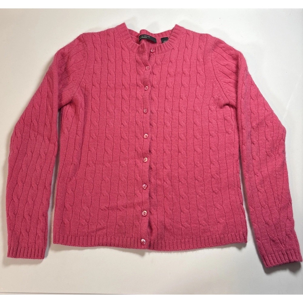 Lord & Taylor 100% Cashmere Cardigan Sweater Women Small Pink Cable Knit Vintage